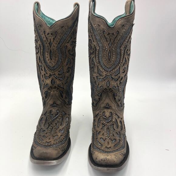 Corral Inlay Flower Embroidery Studded Leather Square Toe Western Boots Size 7 - Picture 5 of 14